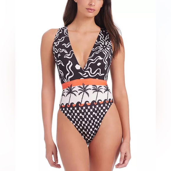 NWT Sanctuary Women's Beach Conversations Plunge Mio One-Piece Swimsuit - Picture 1 of 4